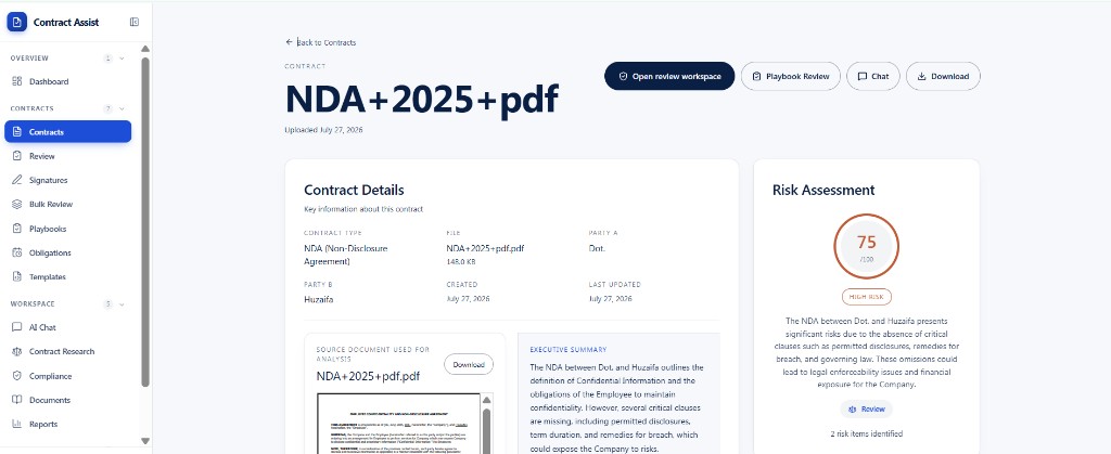 Contract analysis with source document and executive summary