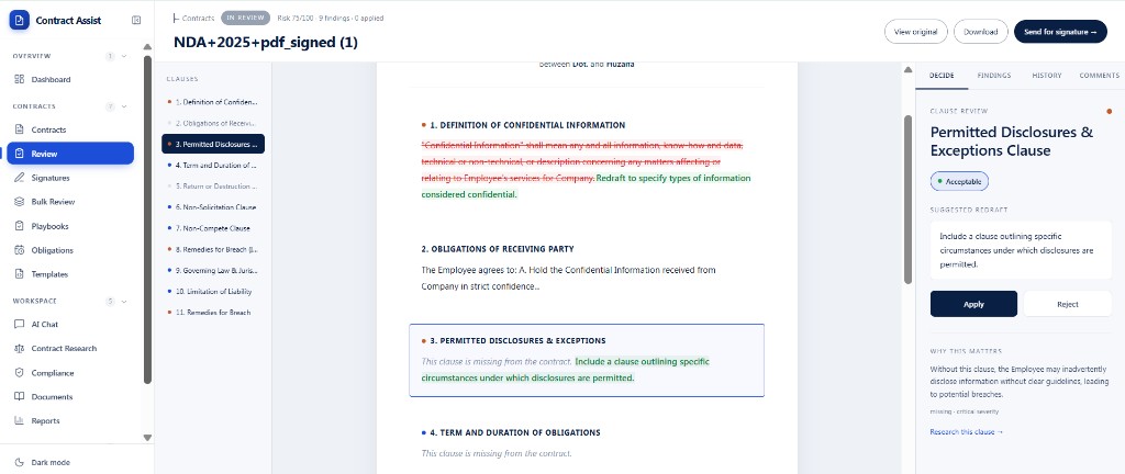Contract review workspace with AI redlines