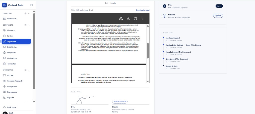 Contract Assist signatures and audit trail